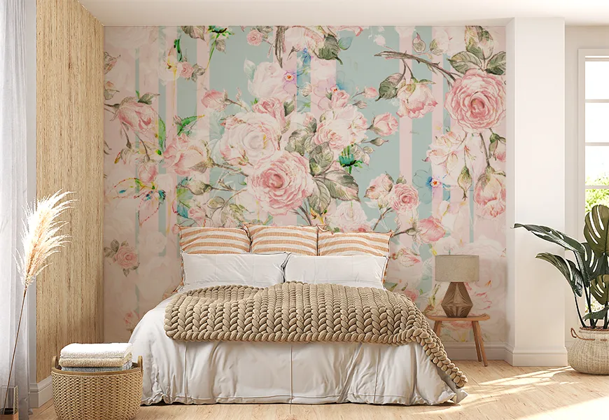 پوستر دیواری سه بعدی اتاق خواب عروس و داماد طرح گلهای رز صورتی